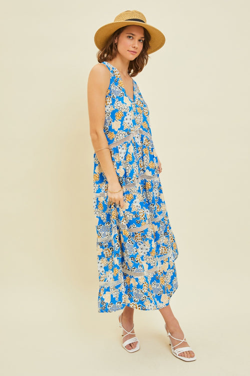 Cute HEYSON Full Size Printed Crochet Trim Maxi Dress