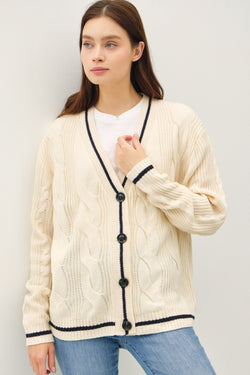 Cute Be Cool Contrast Trim Cable-Knit V-Neck Cardigan