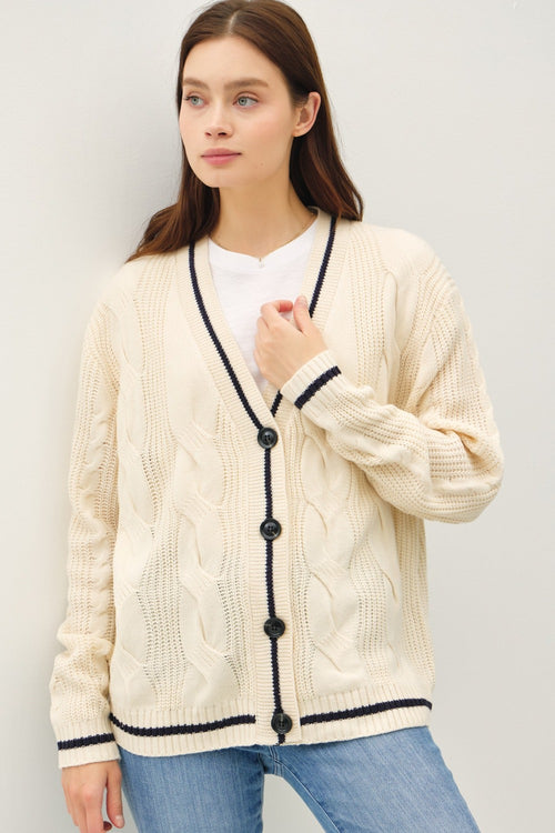 Cute Be Cool Contrast Trim Cable-Knit V-Neck Cardigan