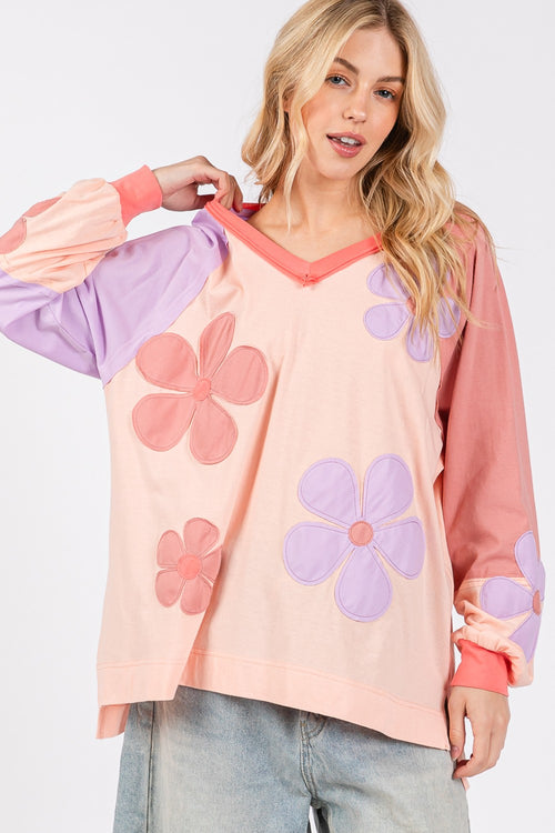 Cute SAGE + FIG Full Size Daisy Applique Patch Color Block Long Sleeve Top