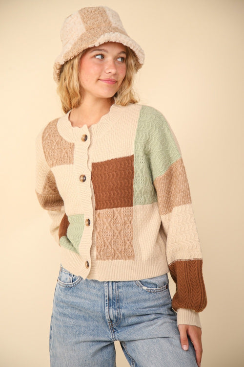 Cute VERY J Color Block Button Down Textured Sweater Cardigan