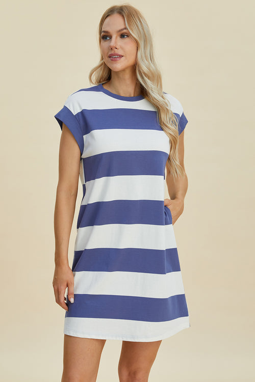 Cute Basic Bae Full Size Striped Round Neck Cap Sleeve Mini Dress