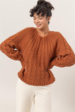 Cute HYFVE Cable-Knit Round Neck Raglan Sleeve Sweater