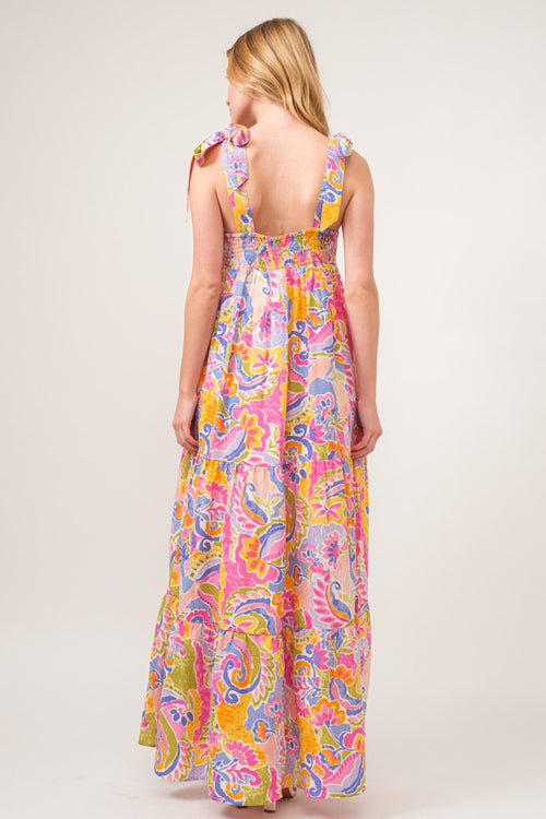 Cute And The Why Full Size Printed Tie Shoulder Tiered Maxi Dress