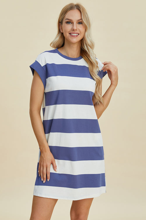 Cute Basic Bae Full Size Striped Round Neck Cap Sleeve Mini Dress