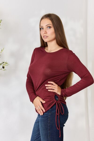 Cute Culture Code Full Size Drawstring Round Neck Long Sleeve Top