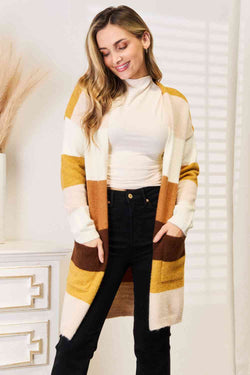 Cute Woven Right Color Block Dropped Shoulder Cardigan