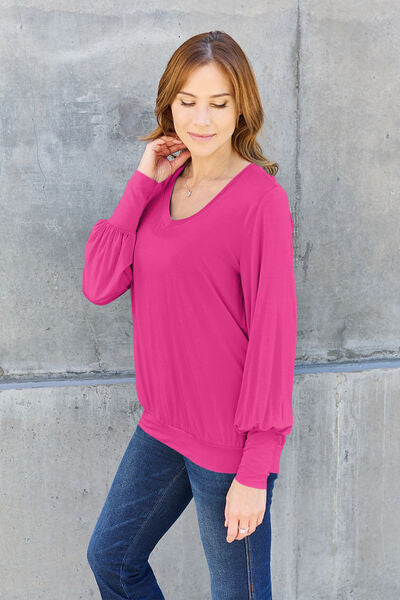 Cute Basic Bae Full Size V-Neck Lantern Sleeve Blouse 20