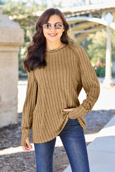 Cute Basic Bae Full Size Ribbed Round Neck Long Sleeve Knit Top 5