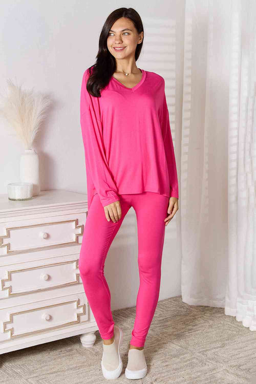 Cute Basic Bae Full Size V-Neck Soft Rayon Long Sleeve Top and Pants Lounge Set 1