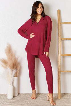 Cute Basic Bae Full Size Notched Long Sleeve Top and Pants Set