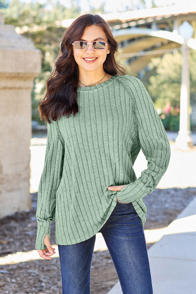 Cute Basic Bae Full Size Ribbed Round Neck Long Sleeve Knit Top 7