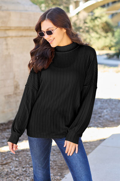 Cute Basic Bae Full Size Ribbed Exposed Seam Mock Neck Knit Top