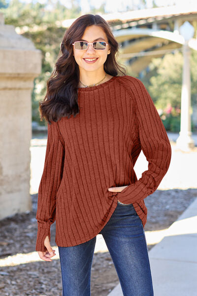 Cute Basic Bae Full Size Ribbed Round Neck Long Sleeve Knit Top 11