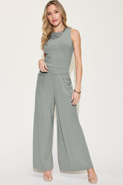 Cute Basic Bae Full Size Ribbed Tank and Wide Leg Pants Set 2