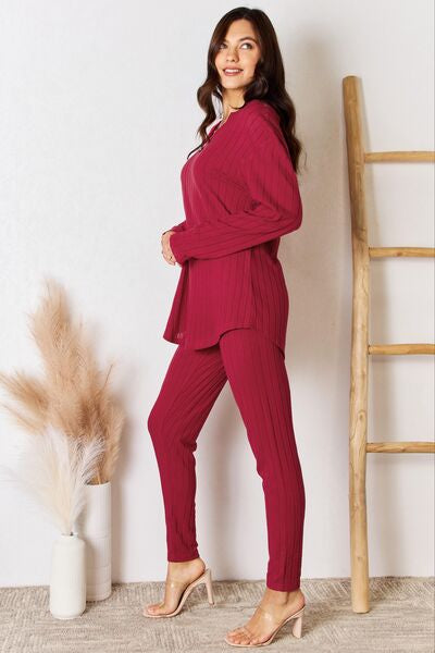 Cute Basic Bae Full Size Notched Long Sleeve Top and Pants Set