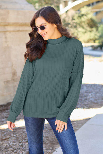 Cute Basic Bae Full Size Ribbed Exposed Seam Mock Neck Knit Top