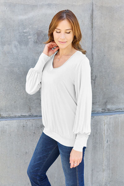 Cute Basic Bae Full Size V-Neck Lantern Sleeve Blouse 16