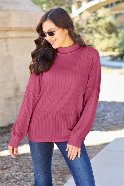 Cute Basic Bae Full Size Ribbed Exposed Seam Mock Neck Knit Top