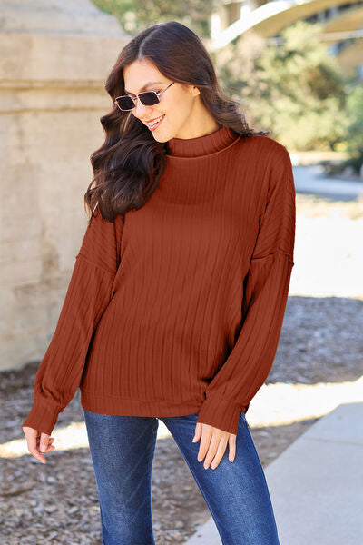 Cute Basic Bae Full Size Ribbed Exposed Seam Mock Neck Knit Top