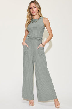 Cute Basic Bae Full Size Ribbed Tank and Wide Leg Pants Set 1