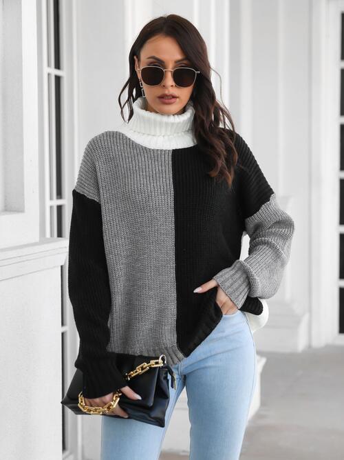 Cute Contrast Turtleneck Long Sleeve Sweater