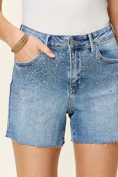 Cute Judy Blue Full Size High Waist Rhinestone Decor Denim Shorts 6