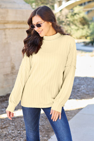 Cute Basic Bae Full Size Ribbed Exposed Seam Mock Neck Knit Top